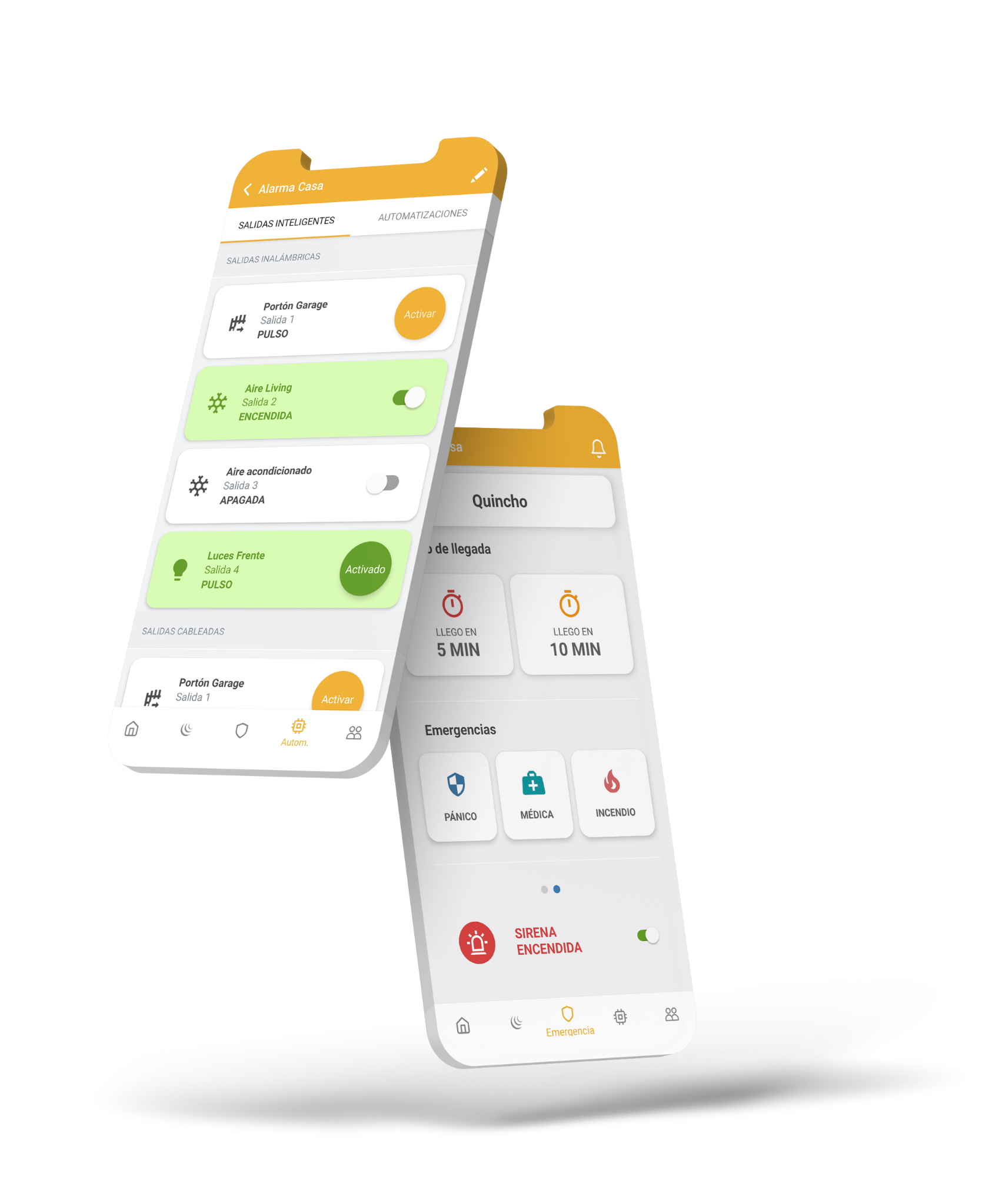 Pantallas de la app Garnet Control Pro mostrando salidas inteligentes y emergencias