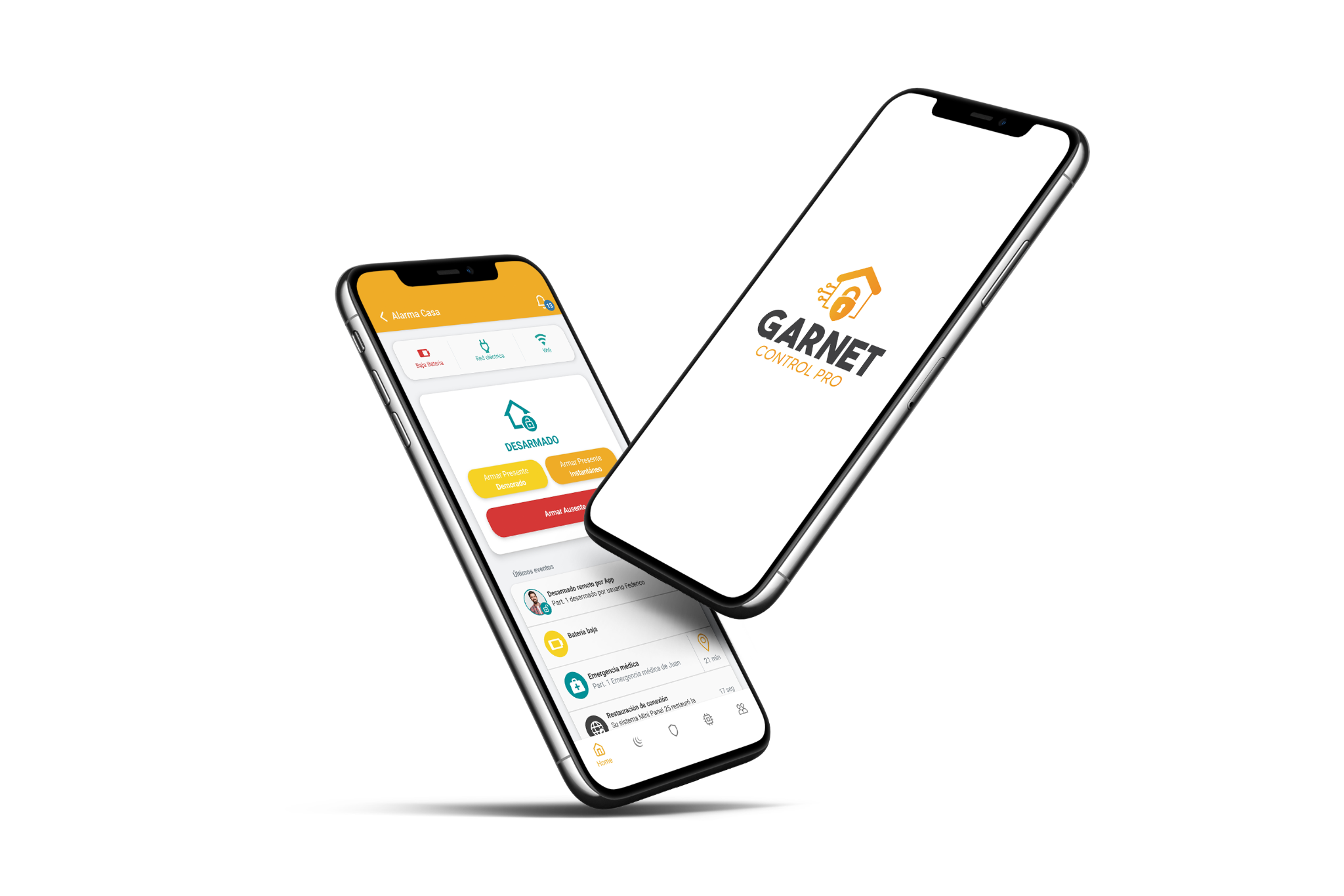 Dos teléfonos mostrando la aplicación Garnet Control Pro