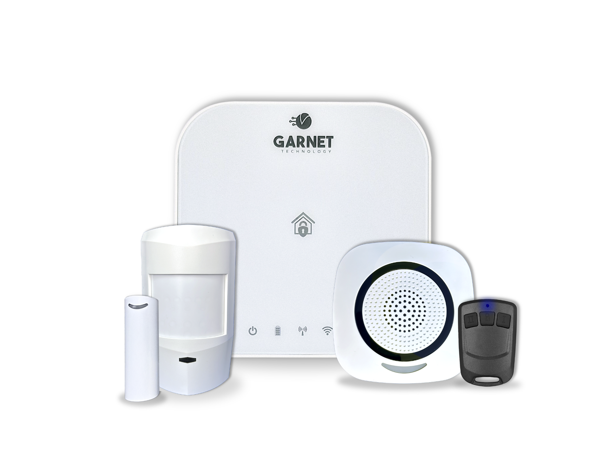 Kit de alarma Garnet PC-1000 con panel hub, detector, contacto magnético, sirena y control remoto