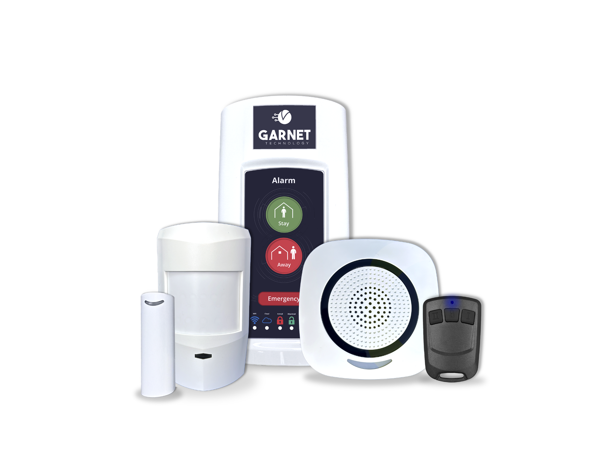 Kit de alarma Garnet PC-200 con panel, detector, contacto magnético, sirena y control remoto